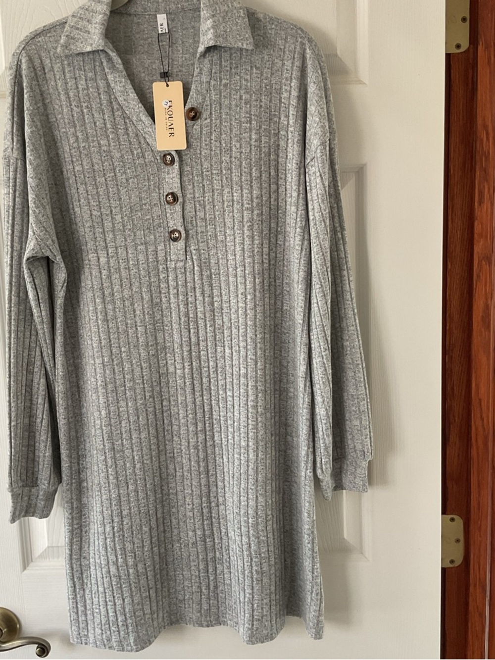Collared Rib-Knit Sweater Dress- Light Gray